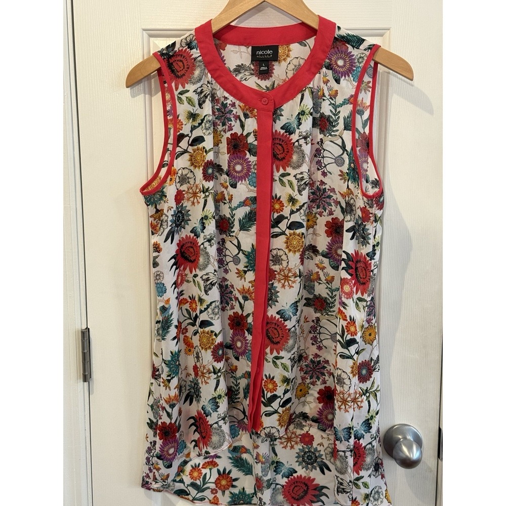 Nicole Miller Floral Sheer Garden Summer Button Sleeveless Blouse Size Large
